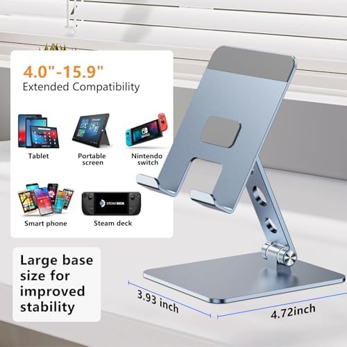 Premium Adjustable Aluminum Tablet Stand for Desk – Versatile Portable Holder for 4-16″ i Pad Pro, Kindle, and Nintendo Switch – Lightweight, Foldable Design for Travel and Home Use – Enhanced Stability with Non-Slip Pads for Secure Device Support – Ideal for Work, Streaming, and Cozy Reading in Any Setting