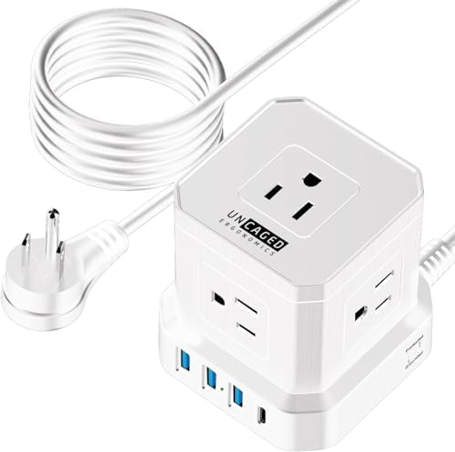 Uncaged Ergonomics Cube Power Strip with 10 ft Extension Cord – Surge Protected Charging Station Featuring 5 AC Outlets, 3 USB Charging Ports (1 USB-C Fast Charger) and On/Off Switch for Ultimate Convenience and Safety