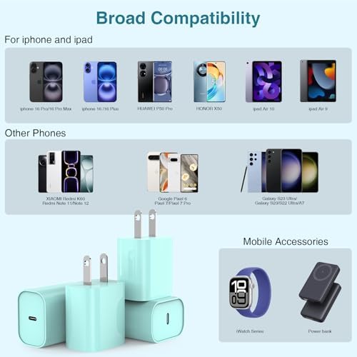 Ultra-Fast 20 W USB C Charger Block – 4 Pack for i Phone 16/15 & Multi-Device Compatibility – Compact Power Adapter for Apple, Samsung, Google – Essential Travel Charging Solution with Enhanced Durability and Safety Features