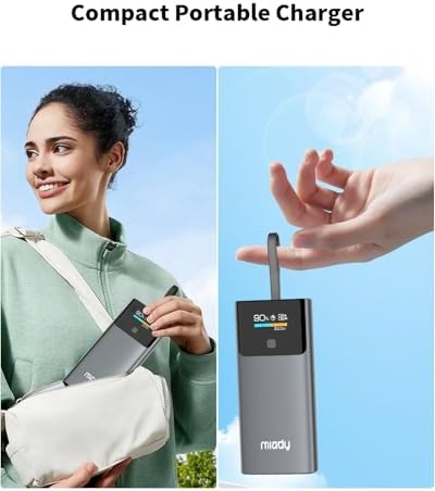 Miady 10000 m Ah PD 35 W Ultra-Fast Charging Power Bank with Smart Digital Display – Compact USB-C Portable Charger for i Phone 15/16, Galaxy S24/S22 – Multi-Device Charging with Built-in Cable and Real-Time Power Monitoring – Ideal for Travel and Outdoor Adventures