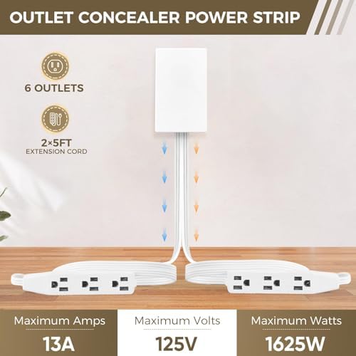 Revolutionize Your Power Access with the Outlet Concealer Power Strip – 3 AC Outlets, 5 ft Flat Plug Extension Cord for Home, Office & Kitchen – Child & Pet Safe Design, Universal Compatibility, 1625 W Capacity, Ideal for Streamlined Electronics Management