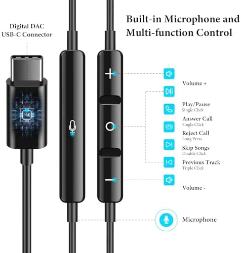 USB C Headphones for i Pad Pro & i Phone 16 – Hi-Fi Stereo Wired Earbuds with Microphone & Volume Control – Ultimate Compatibility for Samsung Galaxy S24, Pixel 9, One Plus 9 – Premium Noise Reduction Technology for Crisp Audio Clarity – Lightweight & Durable Design for Everyday Use