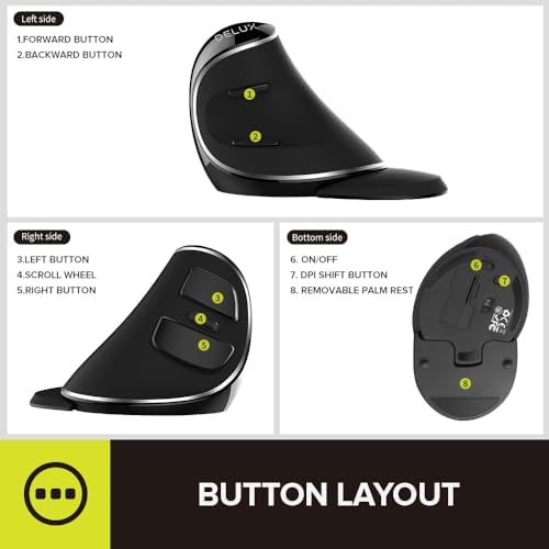 De LUX RGB Wired Ergonomic Vertical Mouse for Large Hands – 4000 DPI Precision Tracking, 6 Customizable Buttons, and Detachable Wrist Rest for Ultimate Comfort and Carpal Tunnel Relief – Perfect for Prolonged Use and Gaming Performance