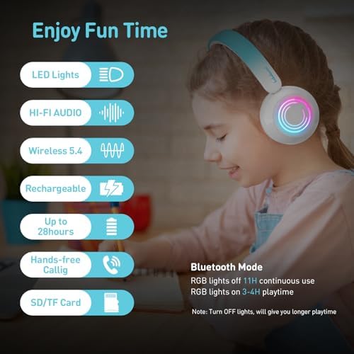 Vibrant LED Bluetooth Headphones for Kids – Lightweight, Hearing-Safe Design with Adjustable Volume Limits, Built-in Microphone, and Ultimate Comfort for School, Travel, and Home – Compatible with Tablets and Smartphones