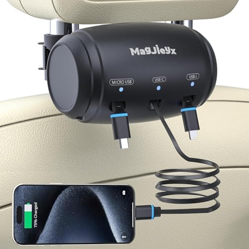 Innovative 3-in-1 Retractable Car Charging Station – Fast Headrest Dock for i Phone 16/15/14, i Pad, Android & Samsung – Ultimate Multi-Device Charger for Rideshare Drivers – Tidy Power Solution for Backseat Passengers – Enhanced Compatibility & Fast Charging Efficiency