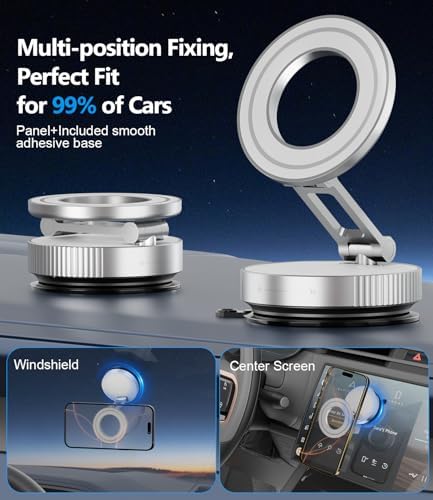 CloudValley Magnetic Car Phone Holder – Vacuum Suction Cup Phone Mount 360° Adjustable, Durable Metal Stand for iPhone & Android, Portable Magnetic Holder for Dashboard/Windshield/Gym Mirror (Silver) – Enhanced Compatibility and Speed