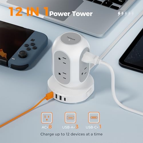 TESSAN Surge Protector Power Strip Tower with 10 Ft Flat Plug Extension Cord – 8 AC Outlets & 4 High-Speed USB Ports (1 USB-C) – 1050 Joules Protection – Ideal Charging Station for Home, Office, and Dorm Room Use – Maximize Safety and Organization