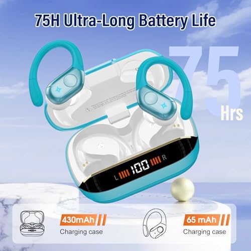 Advanced Bluetooth 5.4 Wireless Earbuds with Deep Bass – 75 Hours Playtime, IP7 Waterproof Sports Earphones Featuring Ergonomic Earhooks, LED Battery Display, and 4 ENC Microphones for Enhanced Sound Quality and Clear Calls – Perfect for Fitness Enthusiasts and Music Lovers in Sleek Black