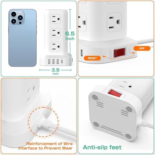 Elevate Your Charging Efficiency with the 12-Outlet Tower Surge Protector Power Strip – 6.5 Feet Extension Cord, 4 USB Ports Including USB-C, Compact Charging Station for Office and Home, Enhanced Surge Protection for Ultimate Device Safety