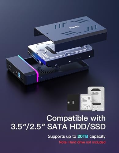Inateck RGB 3.5-Inch SATA Hard Drive Enclosure – USB 3.0 External Case for 2.5”/3.5” HDD & SSD with 20 TB Capacity Support, 12 V/2 A Power Adapter, and Versatile Expansion Ports – Ideal for Gamers and Tech Enthusiasts – Enhance Data Management with Stylish RGB Lighting