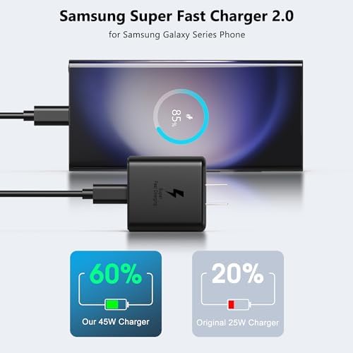 Ultra-Fast 45 W USB C Charger for Samsung Galaxy Devices – Includes 6 ft Cable for Enhanced Portability and Compatibility with S25, S24, S23, A54, Z Fold/Flip 6, Galaxy Tab S10 and More – High-Speed Power Delivery for Quick Charging Solutions