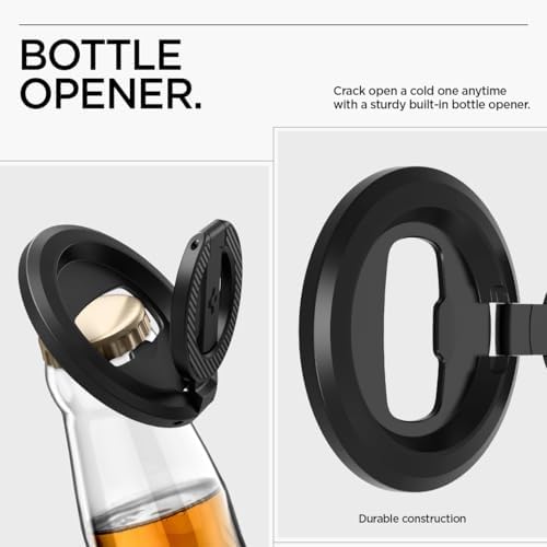 Spigen OM102 Magnetic Phone Holder with Kickstand & Built-in Bottle Opener – Dual-Sided Magnet Accessory for i Phone 16/15/14/13/12 Series – Sleek Black Design for Ultimate Versatility and Convenience