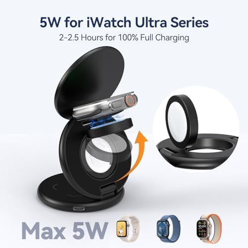Ultra-Fast 3-in-1 Magnetic Wireless Charging Station for Apple Devices – Foldable Aluminum Alloy Dock for i Phone 16/15/14/13/12, Apple Watch & Air Pods with 20 W Adapter – Portable Power Solution for Travel Enthusiasts and Tech Savvy Users