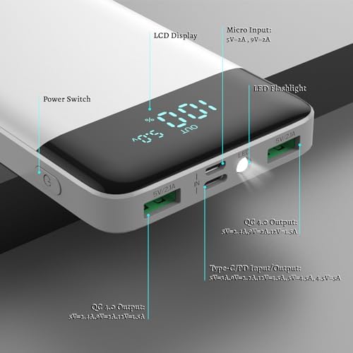 Ultra Slim 10800 m Ah Portable Charger with LCD Display – Fast Charging Power Bank with 20 W PD USB-C Output, Ideal for i Phone 15, 14 & Samsung Android – Compact Power Solution for On-the-Go Charging