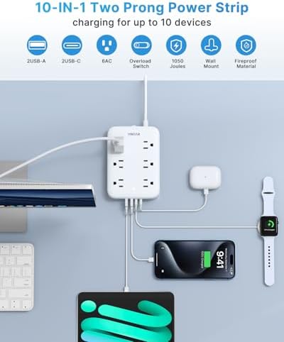 VINTAR 2 Prong Power Strip with Surge Protection – 6 ft Extension Cord Featuring 6 Outlets & 4 USB Ports (2 USB-C) for Enhanced Charging and Device Compatibility, Non-Grounded Wall Mount Adapter for Streamlined Power Management in Home and Office Settings