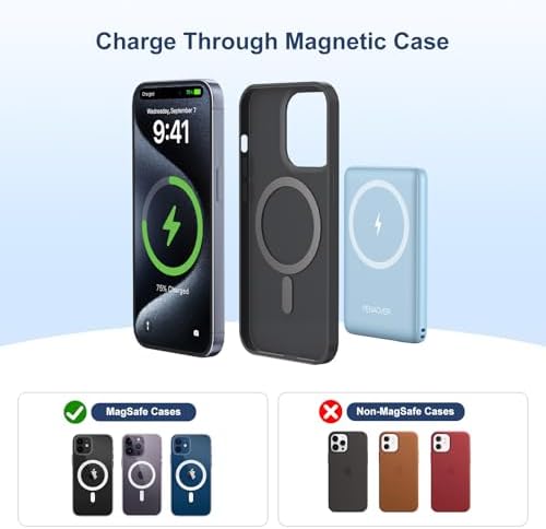 Magnetic Wireless Power Bank for i Phone 16/15/14/13/12 | 5000 m Ah Fast Charging Battery Pack with USB-C Cable | Ultra-Slim & Lightweight Design for Easy Portability | Advanced Safety Features for Reliable On-the-Go Power Solutions