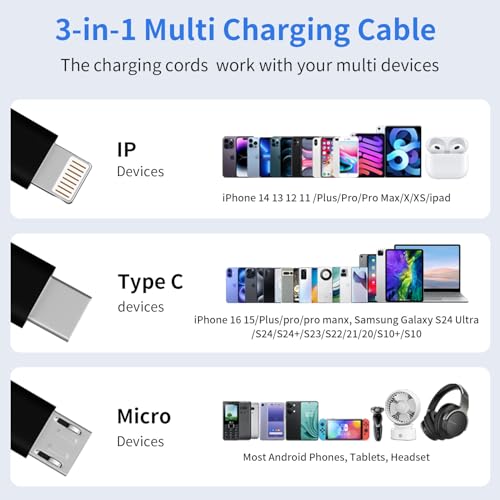 100W USB C Multi Charging Cable,3 in 1 USB C Cable Fast Charging with E-Mark Chip,Universal Charging Cable with Type-C, Micro USB,IP Port for iPhone16/15/Cell Phones and More – Enhanced Compatibility and Speed