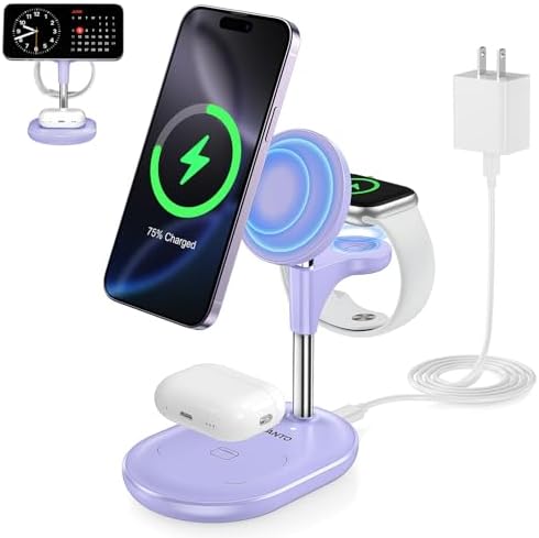 Ultimate 3-in-1 Wireless Charging Station for Apple Devices – Fast 15 W Mag Safe Charger Stand for i Phone 12-16, Apple Watch & Air Pods with Adjustable Viewing Angle – Sleek Purple Design for Enhanced Compatibility and Efficiency