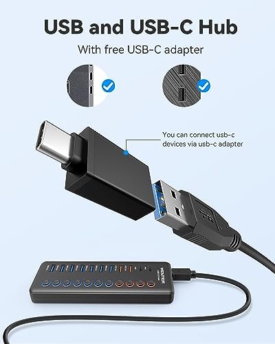 Maximize Your Connectivity with the Wenter 5-Port USB 3.0 Hub – Fast Data Transfer and Type-C Charging Hub for Mac & PC, Featuring Individual LED Switches for Power Management and Enhanced Performance