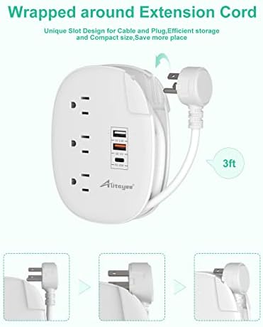 Alitayee 20 W USB-C Power Strip: Compact 3-Outlet Surge Protector with Fast Charging & Flat Plug for Travel, Home, and Office – Ideal for i Phone and QC 3.0 Devices with 3 ft Extension Cord for Maximum Portability and Compatibility