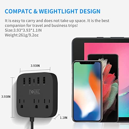 FOVAL European Travel Plug Adapter with 4 USB Ports and 3 AC Outlets – Compact Wall-Mount Power Strip with 5 ft Extension Cord for Ultimate Travel Convenience and Home Office Versatility (Black)