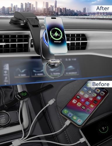 Mag Safe Dual-Function Car Charger & Mount – 18 W Aluminum Alloy Wireless Charging Station with 42.5 W Power Adapter for i Phone 15/14/13/12 & Apple Watch – Effortless Magnetic Hold for Enhanced Road Safety and Convenience