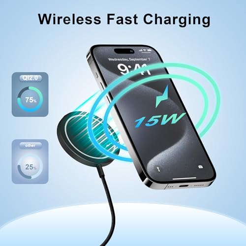 Powerful Magnetic Wireless Charger for i Phone 12-16 Series & Air Pods – 15 W Fast Charging Pad with USB-C Port – Ultimate Compatibility & Stability for Efficient Charging – Compact Design for Travel & Office Use – Qi2 Protocol Enabled for Rapid Performance & Durability