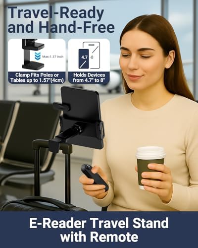 Hands-Free Kindle Travel Stand with Bluetooth Page Turner – Portable, Foldable E-Reader Holder for Airplane, Commute & Camping – Enhance Your Reading Experience Anywhere with Stability and Compatibility