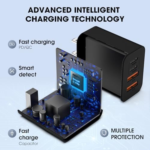 40 W USB C Charger Block – 2 Pack 4-Port Fast Charging Adapter for i Phone & Samsung Devices – PD 3.0 & QC 4.0 Dual Quick Charge Technology – Multi-Device Compatibility in Sleek Black Design – Safe, Efficient Charging Solution for Home & Travel