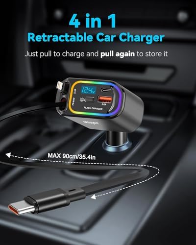 Miger 4-in-1 Retractable Car Charger – 100 W Fast Charging USB-C Adapter with Dual USB Ports for i Phone 16/15/14/13/12/11 & Galaxy Devices – Tangle-Free Design for Ultimate Convenience and Enhanced Compatibility