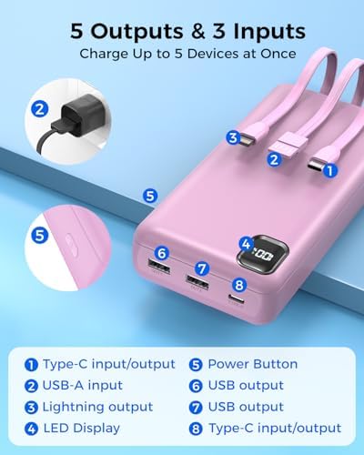50000 m Ah Portable Power Bank with Built-in Cables – Multi-Device Charging Hub with 20 W PD Fast Charge, LED Power Indicator, and Safety Features (Pink) for Ultimate On-the-Go Energy Solutions