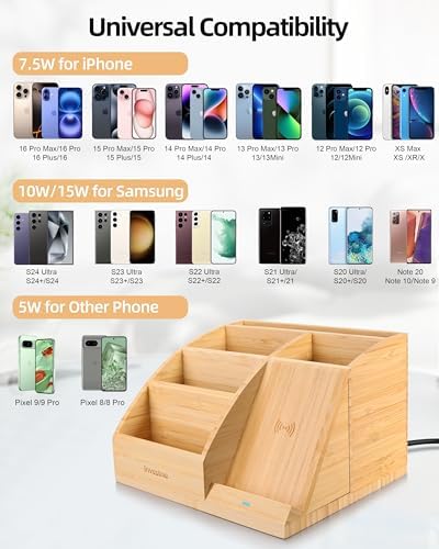 3-in-1 Bamboo Wireless Charger with Desk Organizer, Bamboo Pen Holder for Desk, 15W Fast Wireless Charger with Pen Holder for Home Office Supplies, Compatible with iPhone and Samsung – Enhanced Compatibility and Speed