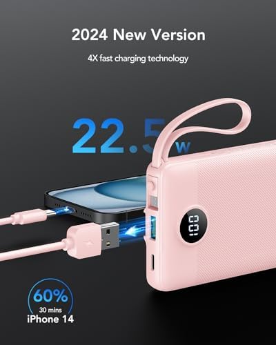 VRURC 22.5 W Pink Portable Charger – 10000 m Ah Power Bank with Fast Charging Capability, USB-C Dual Functionality, 4 Outputs & 3 Inputs – Essential Travel Companion for i Phone 16/15/14/13, Samsung & Android Devices – Compact Design for On-the-Go Power Management