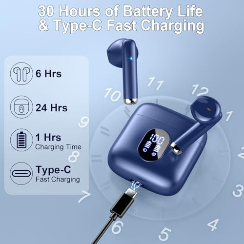 Advanced Bluetooth 5.3 Wireless Earbuds – Hi-Fi Stereo Sound for Ultimate Audio Experience, 4 ENC Mics for Superior Call Clarity, Featherlight 3 g Build for Unmatched Comfort, 30-Hour Playtime with Sleek USB-C Charging Case, IP7 Waterproof for All-Weather Durability, Seamlessly Compatible with Android & i OS – Ideal for Music Aficionados and On-the-Go Professionals