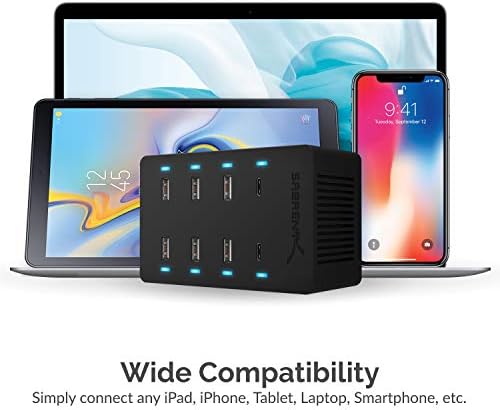 SABRENT 100 W 8-Port USB Charging Hub – High-Efficiency Family Charger with Dual Power Delivery for Rapid Device Recharging – UL Certified Safety Features for Universal Device Compatibility