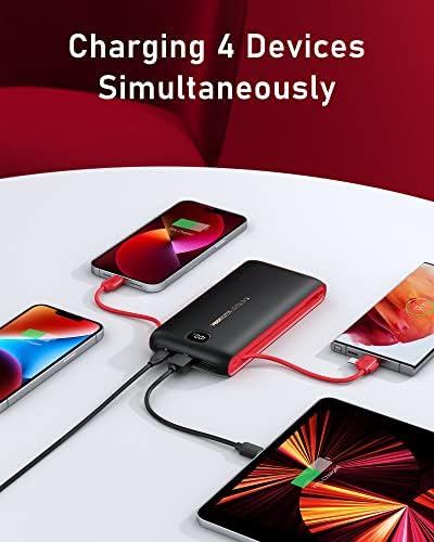 VEEKTOMX 20,000 m Ah Portable Charger with Built-in Cables and AC Wall Plug – Fast Charging Power Bank for i Phone 15/14/13 & Samsung Devices, Slim Battery Pack with LED Display for Ultimate Compatibility and On-the-Go Convenience