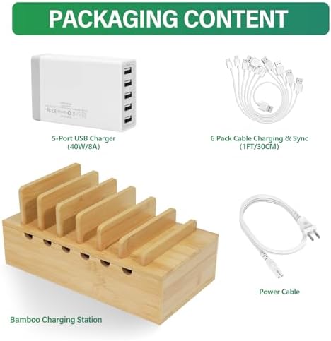 Eco-Friendly Bamboo Charging Station for Multiple Devices – 5-Port USB Docking Organizer with 6 Charge Cables for i Phones, Tablets, and Laptops – Space-Saving Design for Enhanced Efficiency and Fast Charging
