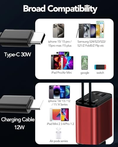 2025 Ultra-Compact 4-in-1 Retractable Car Charger – 69 W Fast Charging Adapter for i Phone 16, Galaxy and More – Innovative Space-Saving Design with Multiple Ports for Simultaneous Device Powering – Essential Car Accessory for Daily Commutes and Road Trips