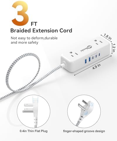 Compact Power Strip with USB-C and Dual USB-A Ports – 3 ft Extension Cord with 4 Outlets & 4.8 A Fast Charging Station for Laptops, Tablets, and Smartphones – Flat Plug Design Perfect for Tight Spaces and Travel – Versatile Multi-Device Charging Hub for Home and Office Use