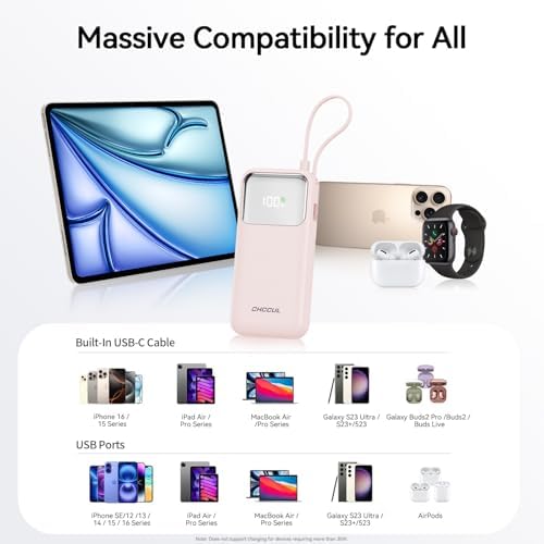 10,000 m Ah Portable Power Bank with Integrated USB-C Cable – Ultra-Fast Charging Solution for i Phone 16/15, Mac Book, Galaxy, i Pad & Air Pods – Your Essential Travel Power Companion with Superior Device Compatibility and Speed