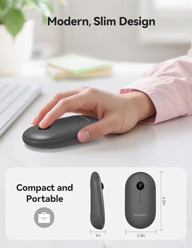 TECKNET Dual Mode Bluetooth Mouse – Compact Portable Wireless Mouse with Silent Clicks for Laptops & Desktops | Seamless Bluetooth 3.0/5.0 & 2.4 GHz USB Connectivity | Ergonomic Design for PC, Chromebook & Mac Users – Sleek Grey Finish for Ultimate Style and Comfort