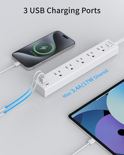Ultra-Slim 15 FT Flat Plug Power Strip with 5 Outlets & 3 Smart USB Ports – 1700 Joules Surge Protector for Home, Office & Dorm Use – Space-Saving Design with Right-Angle Plug for Optimal Access and Charging Efficiency
