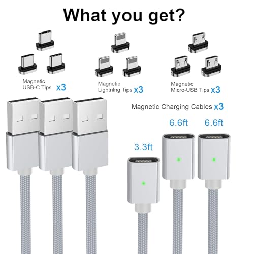 Revolutionize Your Charging Experience with the 3-in-1 Magnetic Charging Cable Set – Fast 3 A Power Delivery, Nylon Braided Durability, and LED Indicator (3 Pack: 3.3 ft, 6.6 ft, 6.6 ft) for USB-C and Micro-USB Devices – Versatile Connectivity and Effortless Use