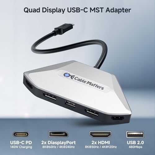 Maximize Your Multitasking Potential with the Cable Matters 4 K Quad Display USB-C MST Adapter – Achieve Stunning 8 K@60 Hz Visuals or Connect Four 4 K@60 Hz Monitors Seamlessly, Thunderbolt 4 Ready for Peak Performance, Plus 140 W Power Delivery for Continuous Efficiency – Ideal for Designers, Gamers, and Business Professionals