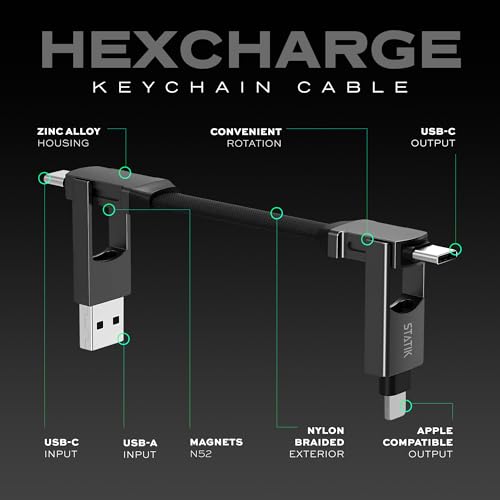 Premium Statik Hex Charge Keychain Charger Cable – 4 in 1 Universal Charging Solution with 60 W Fast Charge – Compact Keyring Design for i Phone, USB-C, and USB-A Devices – 2-Pack for Ultimate Convenience and Versatility