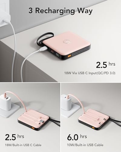 VRURC 10,000 m Ah USB C Portable Charger – Fast Charging Power Bank with Built-in Cable for i Phone 16/15/14, Galaxy S23/S22, Google Pixel & More – Lightweight Green Design for Ultimate Mobility and Reliability