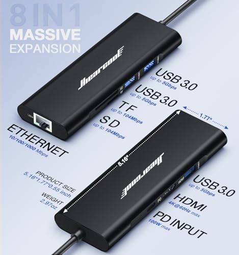 Revolutionize Your Connectivity with the Hiearcool 8-in-1 USB C Hub Ethernet – High-Speed 4 K@60 Hz HDMI, Dual USB 3.0 Ports & Gigabit Ethernet for Mac Book Pro/Air, i Pad, Dell, and Lenovo – Streamline Your Workspace with Effortless Multitasking and Enhanced Compatibility – Ultimate Portable Adapter for Professionals on the Go