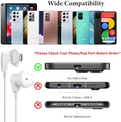USB C Headphones for i Pad Pro & i Phone 16 – Hi-Fi Stereo Wired Earbuds with Microphone & Volume Control – Ultimate Compatibility for Samsung Galaxy S24, Pixel 9, One Plus 9 – Premium Noise Reduction Technology for Crisp Audio Clarity – Lightweight & Durable Design for Everyday Use