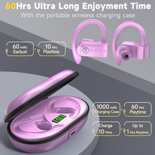 Elevate Your Audio Experience with Advanced Bluetooth Noise-Canceling Headphones Featuring 4 Mics for Crystal Clear Calls, Immersive Bass, 60 Hours Playtime – Wireless Charging Case & LED Display for Sports and Workouts with Secure Earhooks for Ultimate Comfort