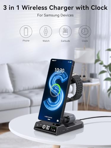 Upgrade Your Charging Experience with the Premium 3-in-1 Wireless Charger Station for Samsung Devices – Ultra-Fast Dock for Galaxy S24 Ultra, S23 Ultra, Z Flip 6, Fold 5, Galaxy Watch 7/6/5 Pro, and Buds – Modern Wood Grain Design with Integrated Clock for Enhanced Organization and Style